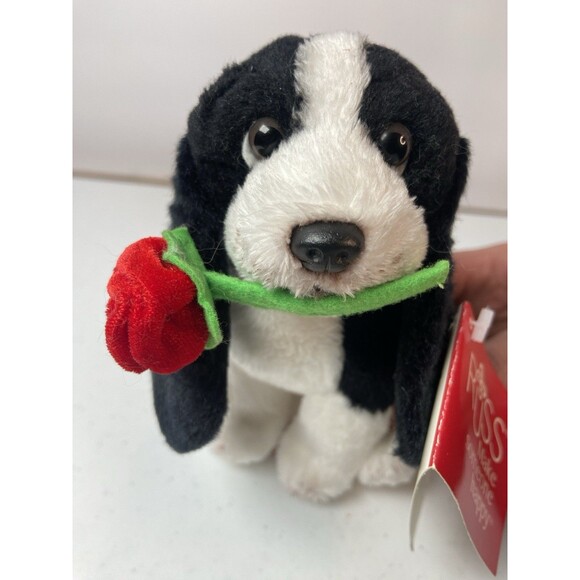 Russ Berrie 5” Black White Puppy Plush w/ Red Rose Small Valentine Gift Toy - Picture 3 of 16